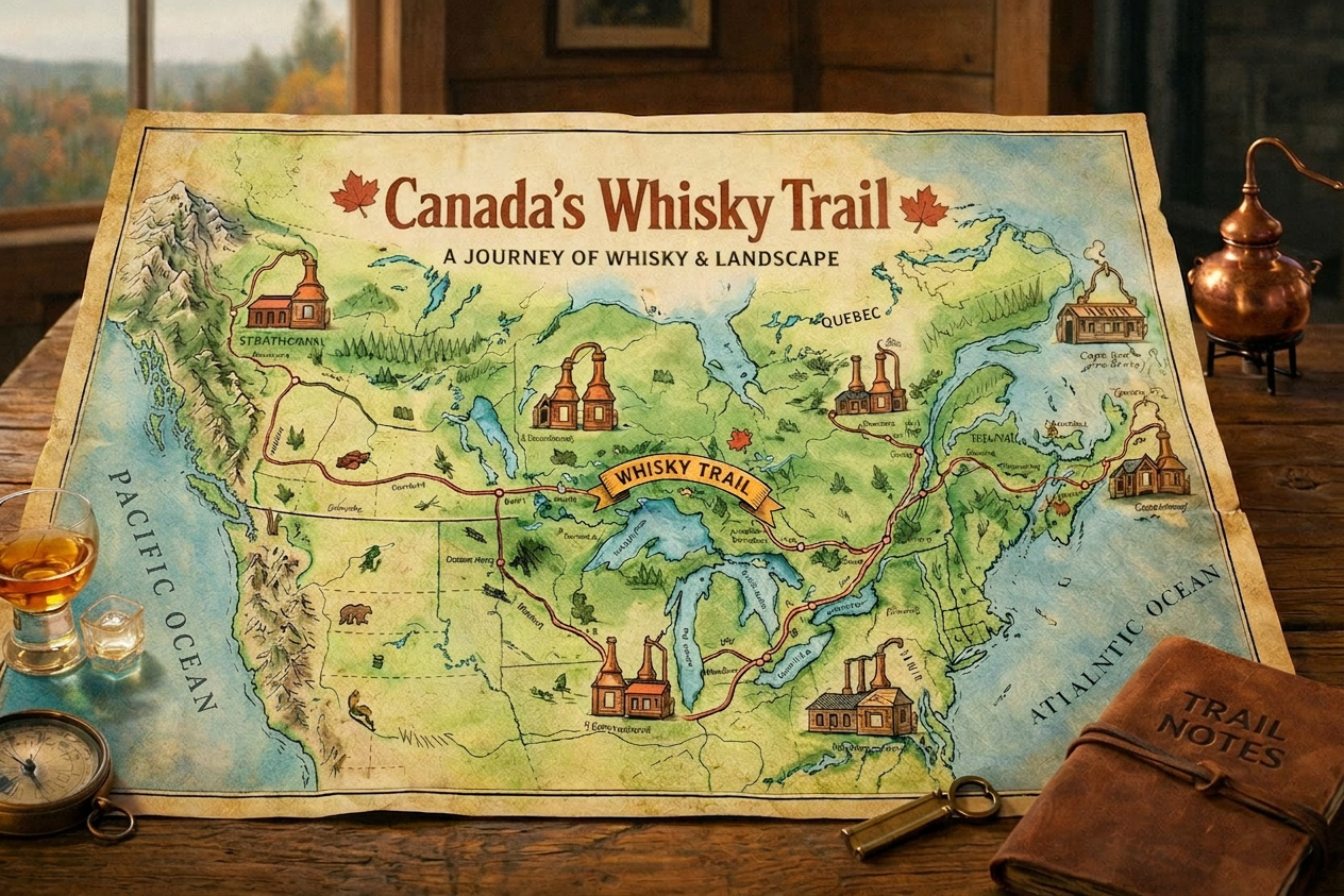 Cute Canada Whisky Trail map, highway, distilleries, 16:9